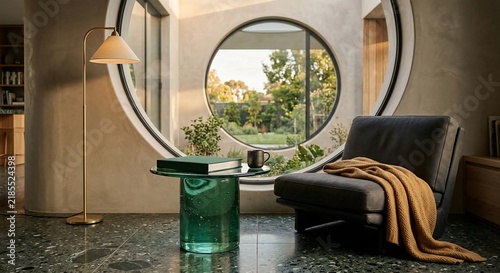 Modern living room interior featuring a circular window and glass table