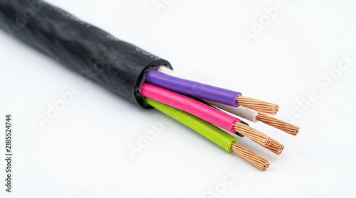 Black electrical cable with colorful internal copper wires showing connection and power supply