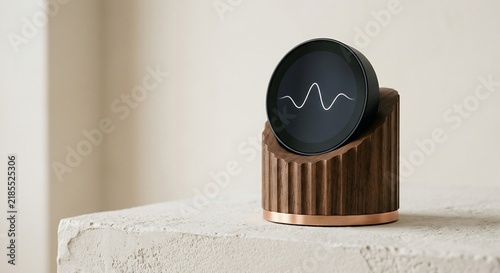 Round smart speaker on wooden stand with wave display on table
