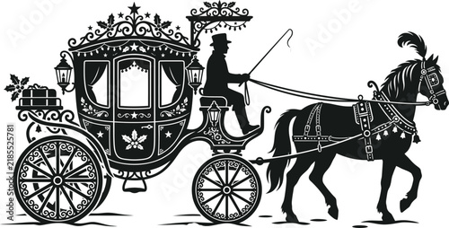 Fotografía Silhouette of a horse drawn carriage with a coachman against a white background