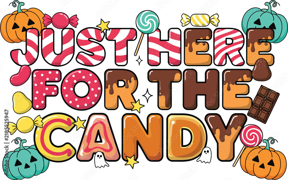 Fototapeta premium Colorful Halloween candy text with lollipops and jack-o'-lanterns