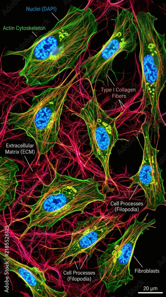 Fototapeta premium Fibroblast cells producing collagen fibers in a microscopic view of connective tissue
