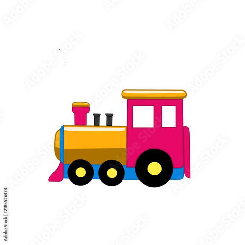 Fotografía Flat vector illustration of a cute colorful toy train locomotive with pink cabin, yellow boiler, and black wheels