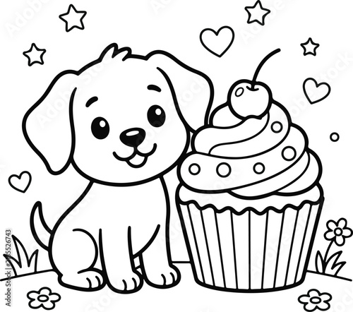 Adorable puppy coloring page with cupcake, flowers, and hearts, cute cartoon line art for kids