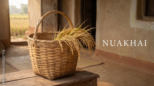 Woven Basket Filled with Harvested Paddy and 