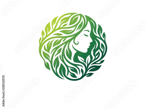Nature logo with woman silhouette and leafy hair circular emblem for organic beauty wellness brand