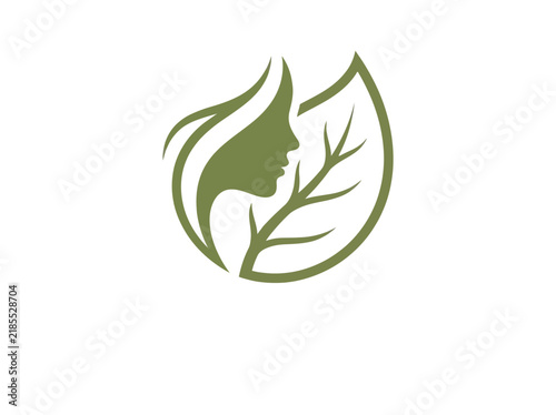 Elegant Natural Beauty Logo Featuring a Woman Profile Combined with a Green Leaf for Organic Skincare and Wellness Brand