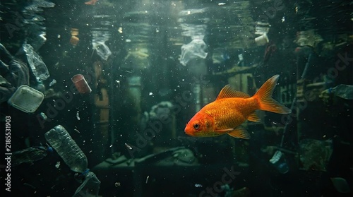 Goldfish swimming in murky water filled with plastic pollution