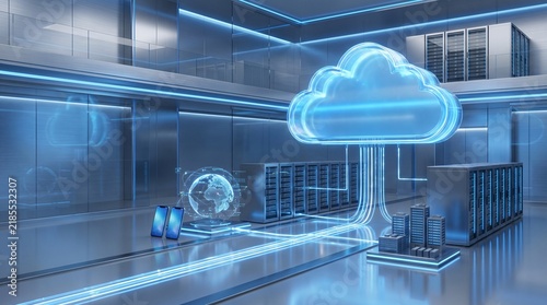 Plakat Digital cloud computing technology and global data center server infrastructure network.