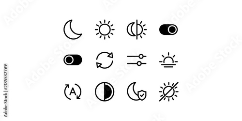 Cuadro en lienzo Brightness display and light mode settings icons set featuring sun moon and toggle switches for interface adjustment