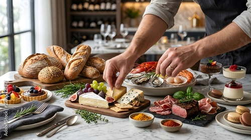 Professional Chef Preparing Gourmet Charcuterie Board and Appetizers in Restaurant Kitchen.