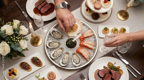 Top down view of an elegant gourmet seafood platter with oysters and lobster.