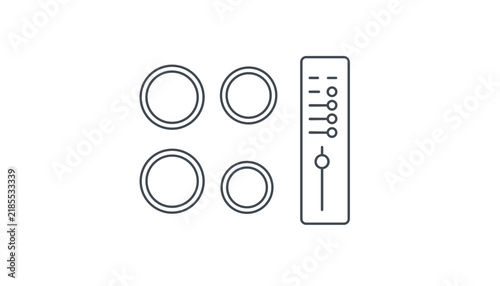 Minimal audio mixer graphic showing four circular dials and several adjustment slider control switches.