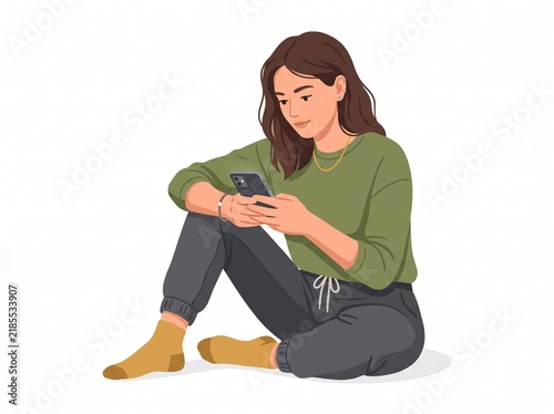 Young woman sitting on the floor and looking at her smartphone isolated on white background