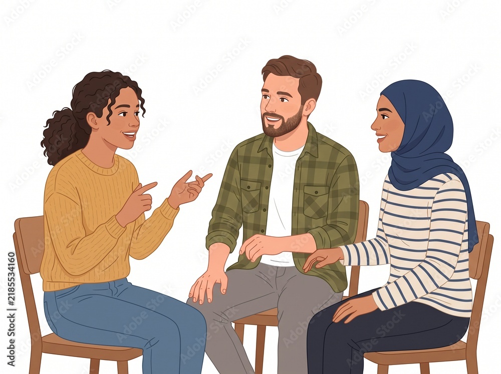Obraz premium Diverse group of three friends sitting on chairs and having a friendly conversation, isolated on white background