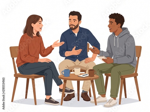 Three diverse people sitting in a circle having a friendly conversation and discussion around a small coffee table