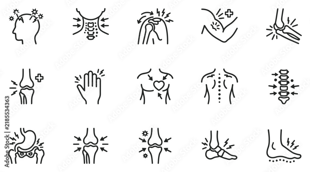 Fototapeta premium Set of fifteen medical line icons representing body aches joint pain and physical discomfort with body ache medical symptoms healthcare