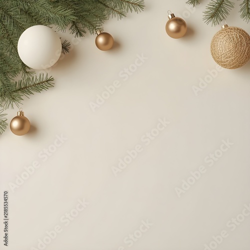Elegant arrangement of evergreen branches and golden baubles on a neutral background, evoking the serene beauty of the holiday season and festive celebration