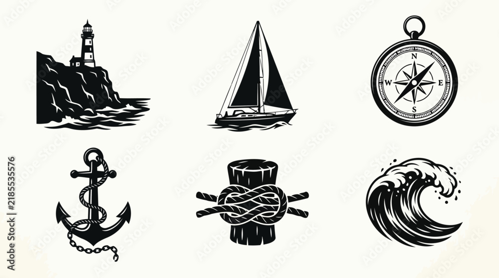 Naklejka premium Set of vintage nautical icons and symbols