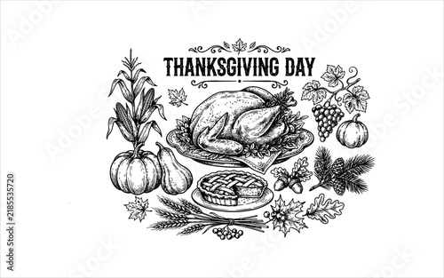 Thanksgiving Day Greeting with Festive Food and Decorations