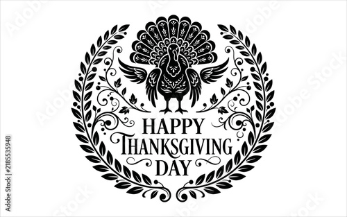 Elegant Thanksgiving greeting card with decorative turkey and floral wreath