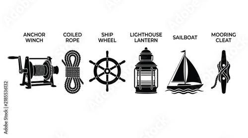 Six vintage ship and tool icons set