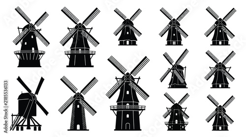 Six traditional windmills in a row