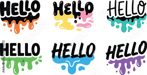 Hello Word Lettering Set with Black Bold Text and Colorful Paint Drip Splash Effect