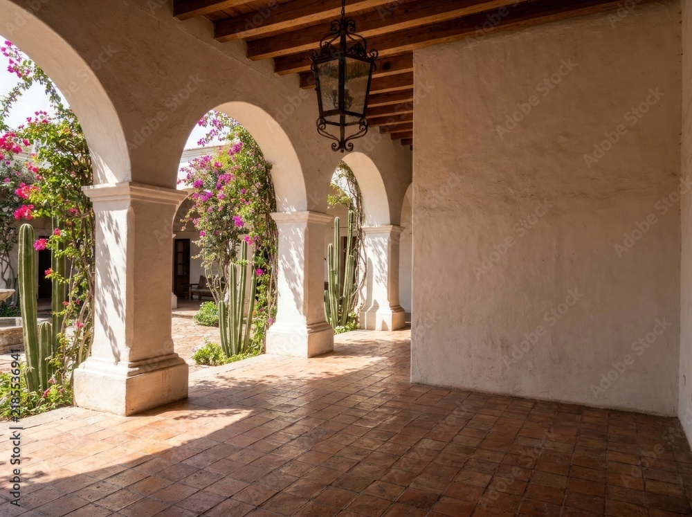 Fototapeta premium Terracotta arched corridor walkway of Spanish colonial hacienda with blooming bougainvillea