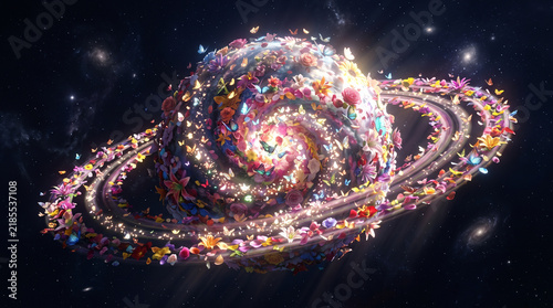 Magical Planet of Life with Flowers and Butterflies in the Galaxy