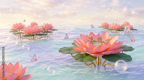 Miniature Zen Garden Sanctuary in a Floating Pink Lotus Flower