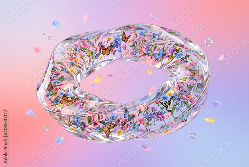 Surreal Glass Infinity Loop with Flowers and Butterflies