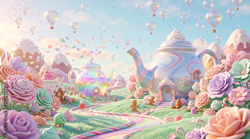 Whimsical Candy Land Landscape with Teapot Houses and Balloons