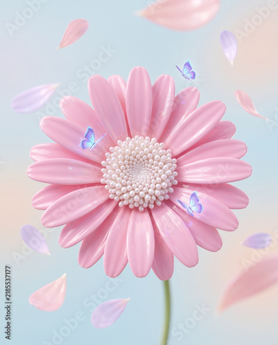 Surreal 3D Pink Gerbera Daisy with Pearls and Glowing Butterflies