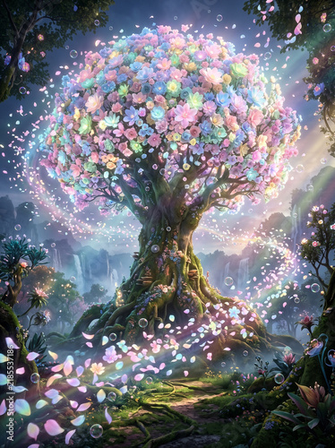 Magical Tree of Life with Glowing Flower Petals in Fantasy Forest