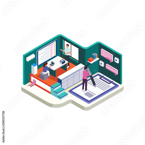 Isometric Modern Classroom with Students Using Laptops and Teacher Explaining