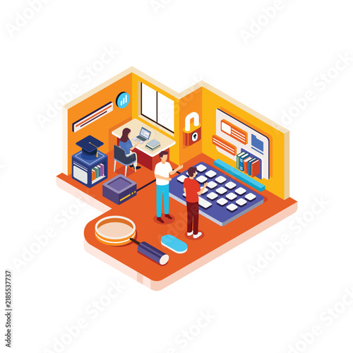 Isometric Smart Industry Scene With Technical Study And Security System