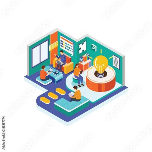 Isometric Creative Workspace with Students Learning Technology