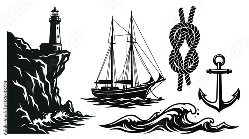 Vintage ships and nautical ropes illustration