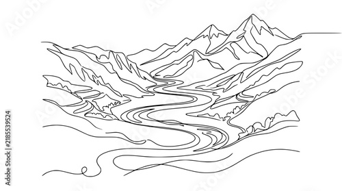 Continuous Line Drawing of Winding River Through Mountain Valley Landscape