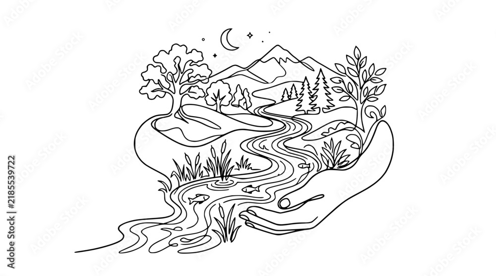 Obraz premium Nature landscape in hands illustration, river, mountains, trees, fish, moon, stars
