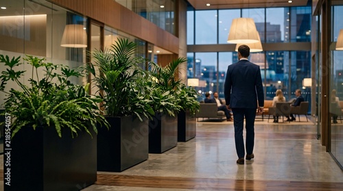 Businessman in a tailored suit walking down a brightly lit modern office building hallway with large green potted plants.