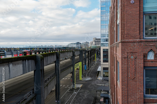 ABSTRACT VIEW OF THE OLD SEATTLE WATERFRONT VIADUCT ON TH EDAY OF ITS CLOSURE