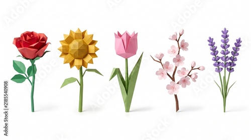 Isolated set of five 3D low poly papercraft flowers including red rose, yellow sunflower, pink tulip, cherry blossom branch, and purple lavender stems against a clean white background.