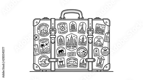 Vintage Suitcase Covered In Travel Stickers, Ready For Adventure