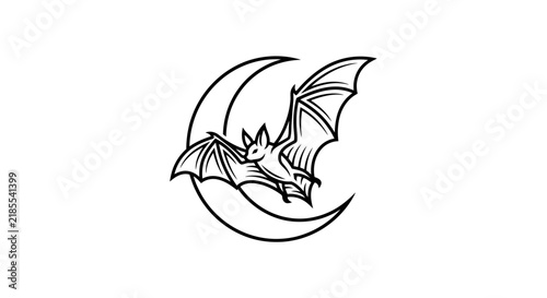 Bat Flying Near Crescent Moon Stylized Illustration