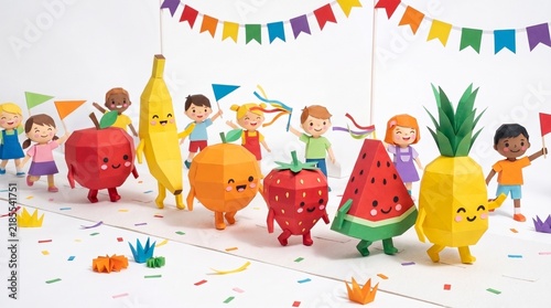 Joyful 3D low poly papercraft scene featuring cute fruit mascot characters and diverse children marching in a festive parade with flags and bunting decorations.