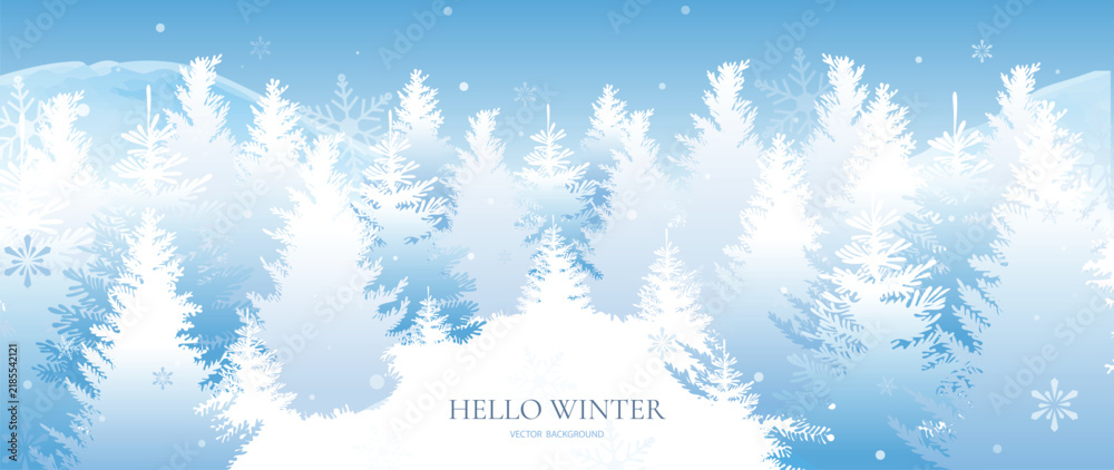 Obraz premium Hello winter background vector with snowy pine forest, misty blue landscape and soft watercolor atmosphere for seasonal greeting card