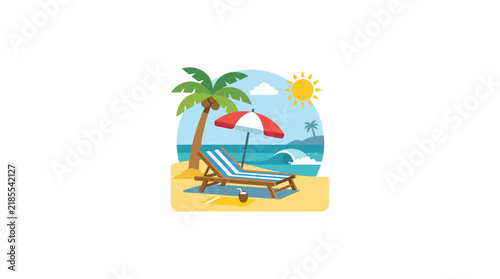 Tropical Beach Vacation Scene With Palm Tree And Lounge Chair