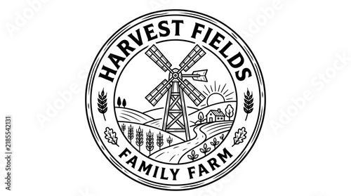 Farm Emblem with Windmill, Fields, and Sun
